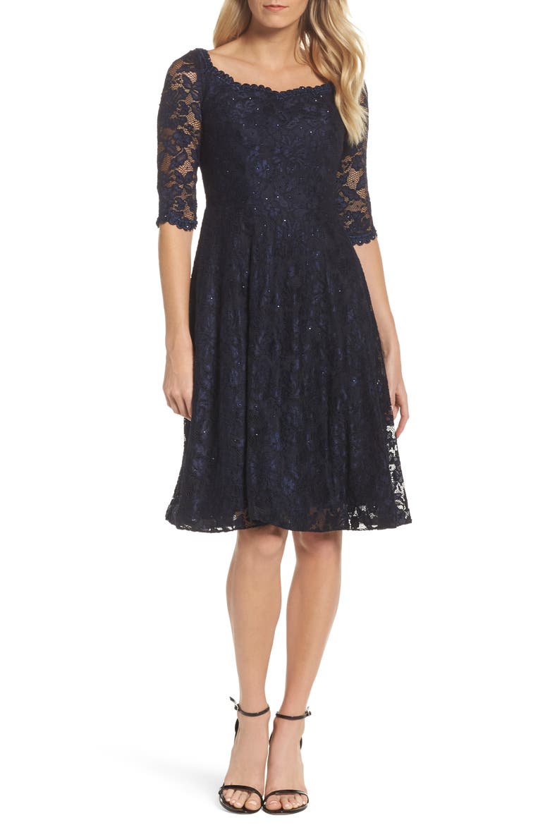 Fit & Flare Lace Dress, Main, color, NAVY