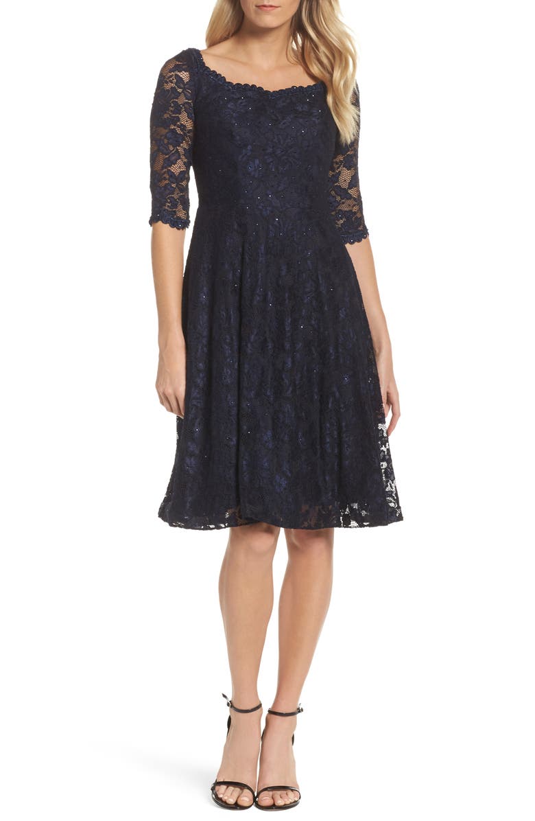 La Femme Fit & Flare Lace Dress, Main, color, 