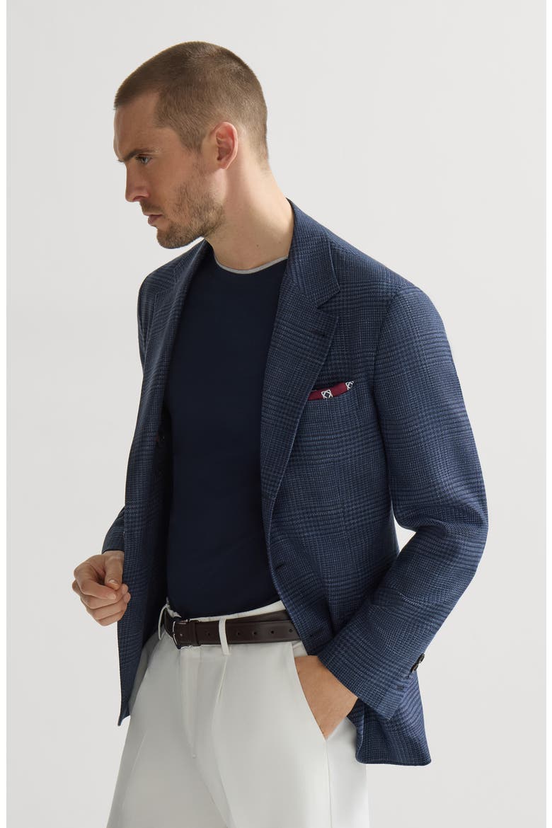 Wool, silk and linen Prince of Wales deconstructed blazer, Alternate, color, Denim
