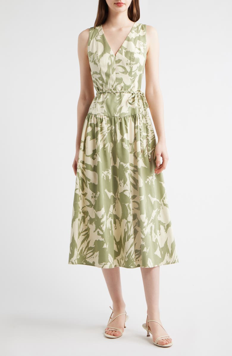 Anne Klein Patio Abstract Print Midi Dress, Main, color, Cool Sage Multi