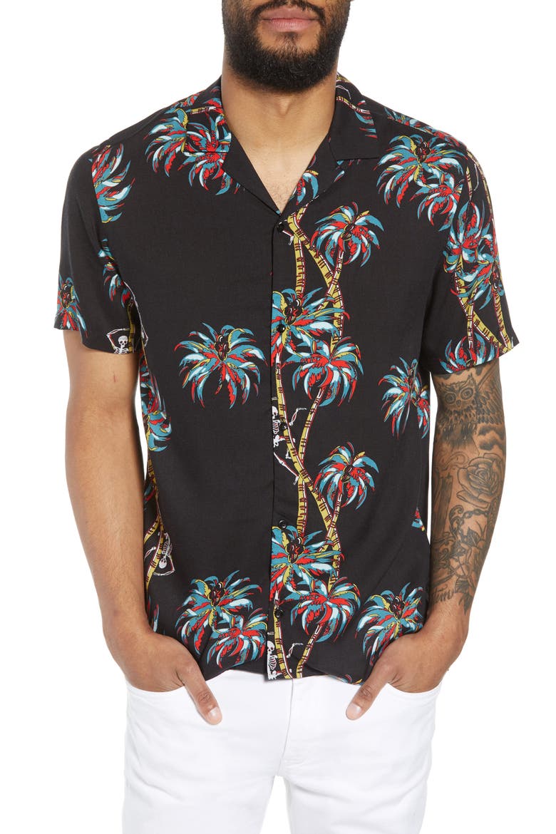 Regular Fit Hawaiian Shirt, Main, color, BLACK BLA01