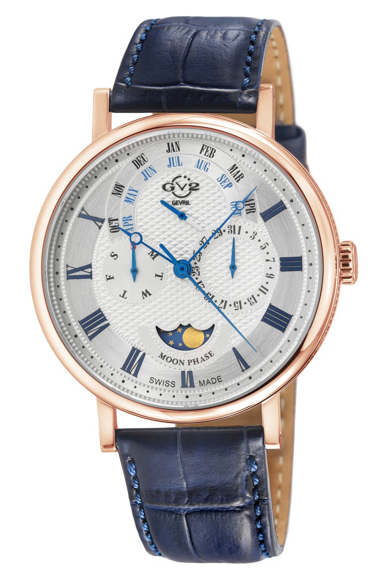 Maestro Croc Embossed Leather Strap Watch, 42mm, Main, color, BLUE