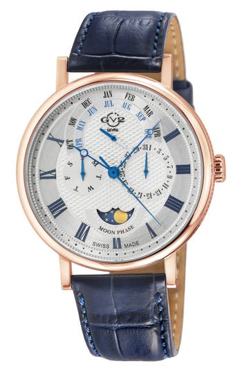 Gv2 Maestro Croc Embossed Leather Strap Watch, 42mm In Blue