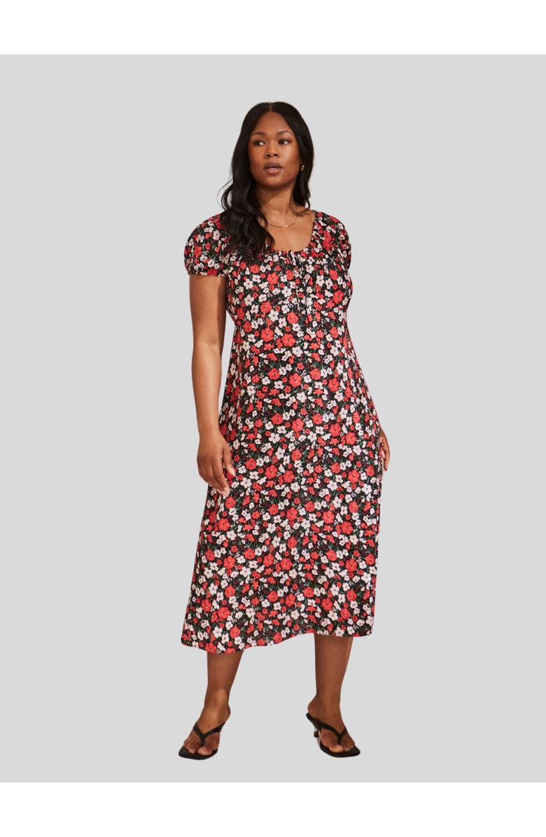 Live Unlimited Floral Gathered Neck Midi Dress, Main, color, Red