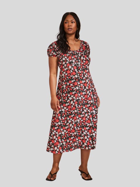 Floral Gathered Neck Midi Dress
