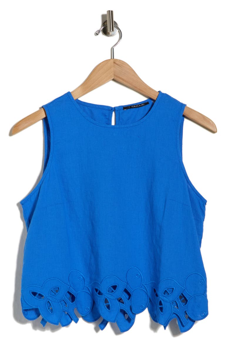 Embroidered Hem Crop Linen Blend Tank, Alternate, color, BLUE BLISS