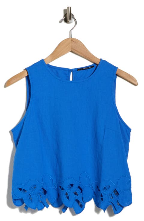 Embroidered Hem Crop Linen Blend Tank