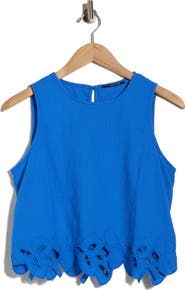T Tahari Embroidered Hem Crop Linen Blend Tank