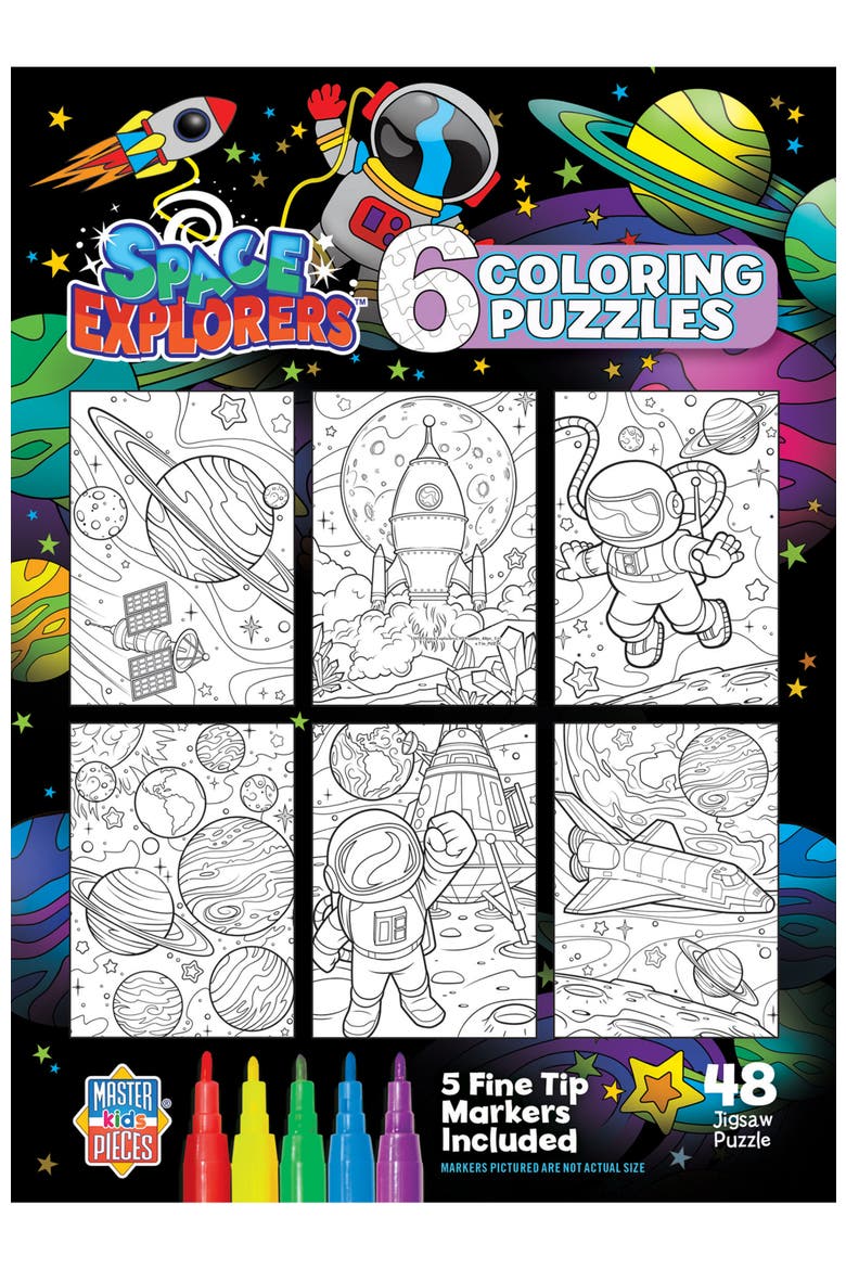 48 Piece Coloring Puzzles - Space Explorers - 6-Pack with Markers, Alternate, color, Multicolor