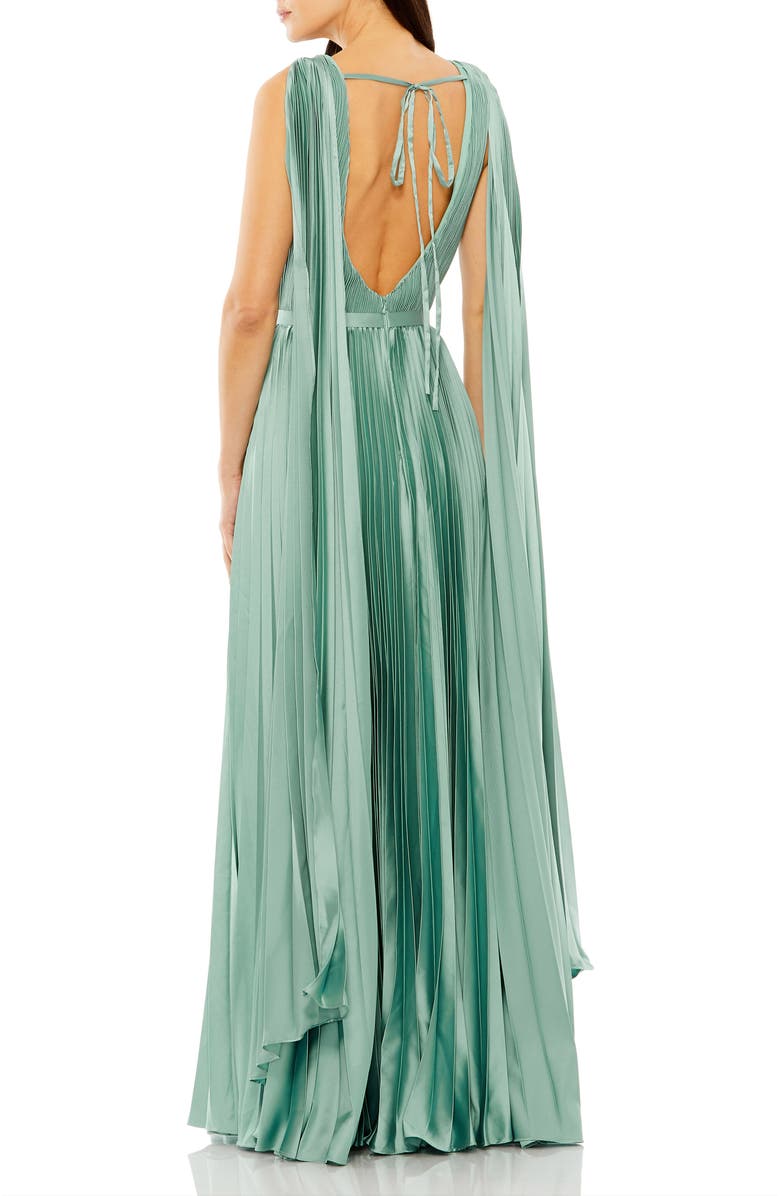 Mac Duggal Sleeveless High Neck Cape Back Heat Pleated Gown, Alternate, color, Sage