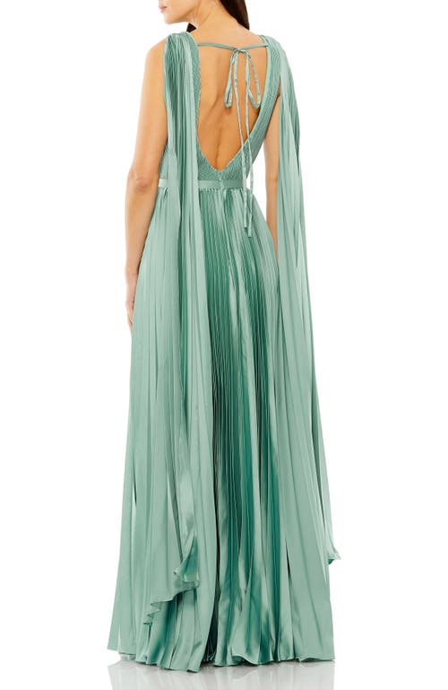 Mac Duggal Sleeveless High Neck Cape Back Heat Pleated Gown In Sage