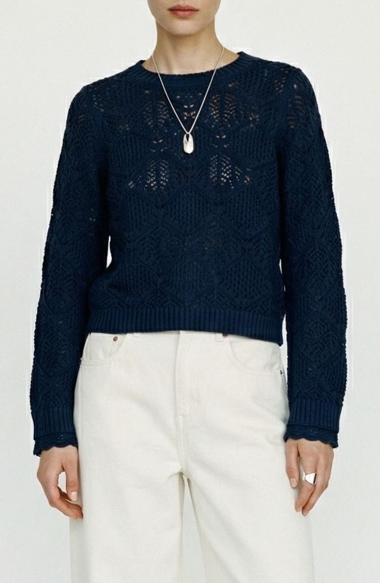 VERO MODA Susana Pointelle Cotton Blend Sweater, Main, color, Navy Blazer