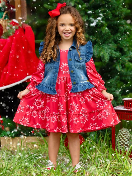 Mia Belle Girls Girls Smileyworld Happy Snowflake Denim Vest And Dress Set In Red