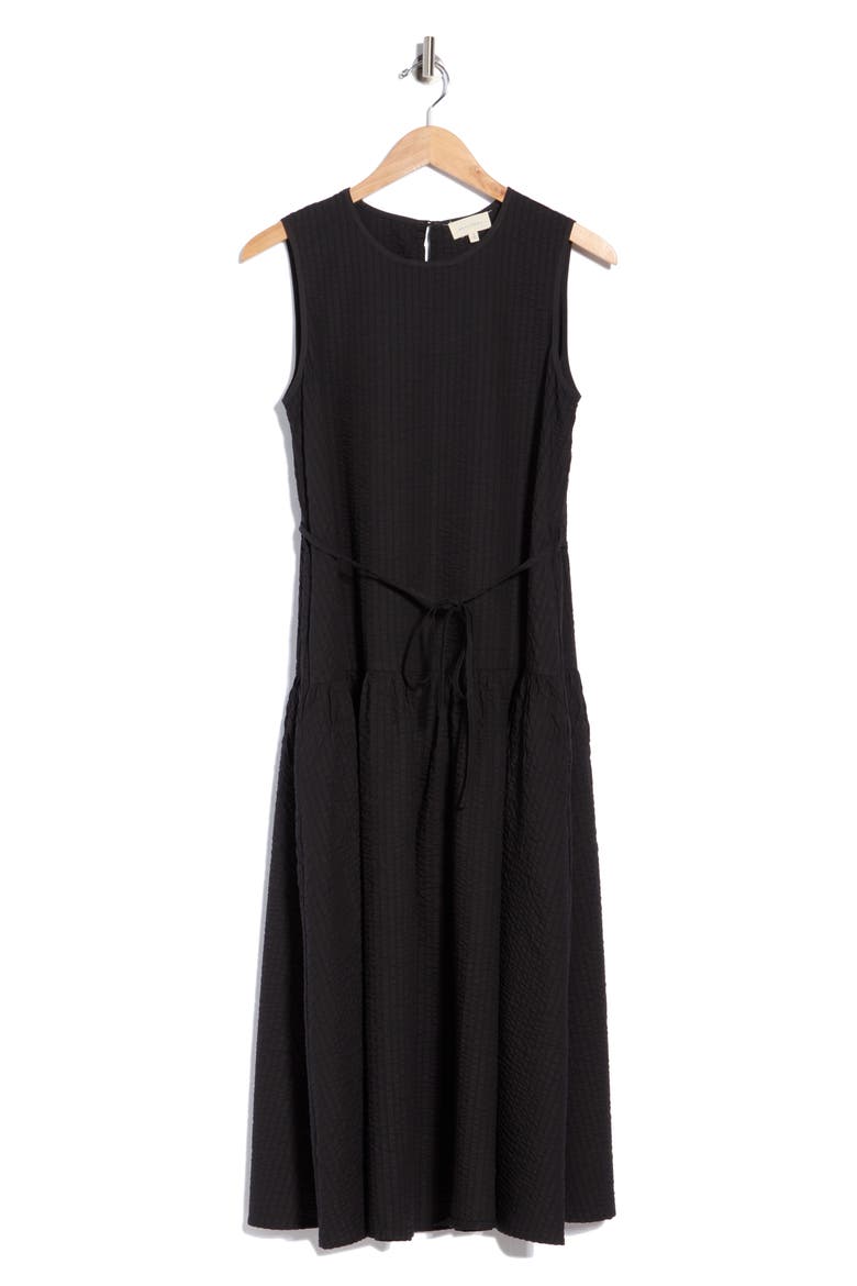 Sleeveless Seersucker Midi Dress, Main, color, BLACK