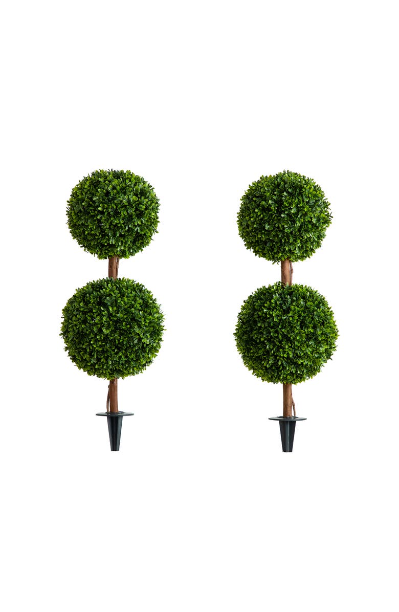 NEARLY NATURAL 3-ft  UV Resistant Artificial Double Ball Boxwood Topiary with Integrated Ground Stake (Indoor/Outdoor) - Set of 2, Main, color, Green