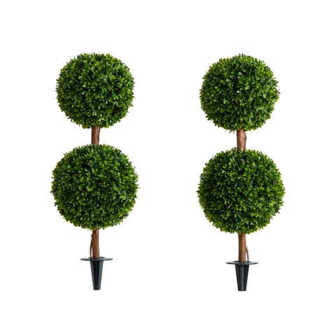 3-ft  UV Resistant Artificial Double Ball Boxwood Topiary with Integrated Ground Stake (Indoor/Outdoor) - Set of 2