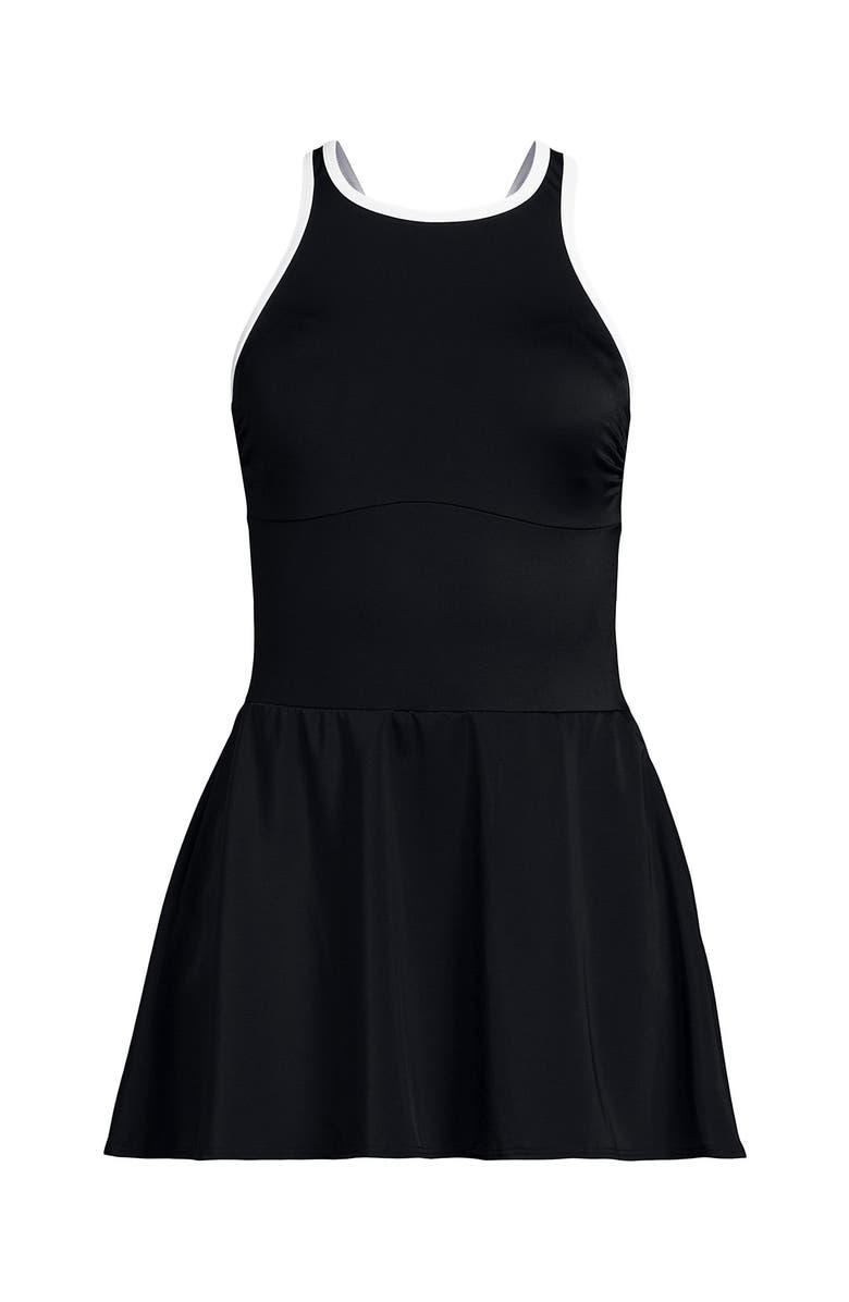 Lands
 End Chlorine Resistant Tugless High Neck Swim Dress One Piece Swimsuit, Alternate, color, Black/White