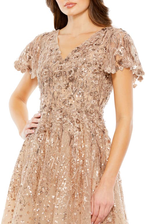Mac Duggal Embellished Butterfly Fit And Flare Tea-length Dress In Taupe