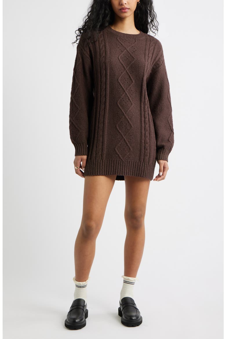 Long Sleeve Cable Knit Sweater Dress, Main, color, BROWN COFFEE