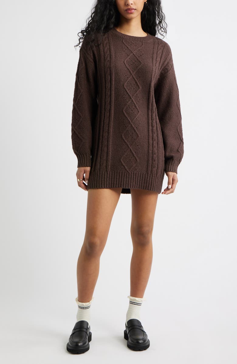 BP. Long Sleeve Cable Knit Sweater Dress, Main, color, Brown Coffee