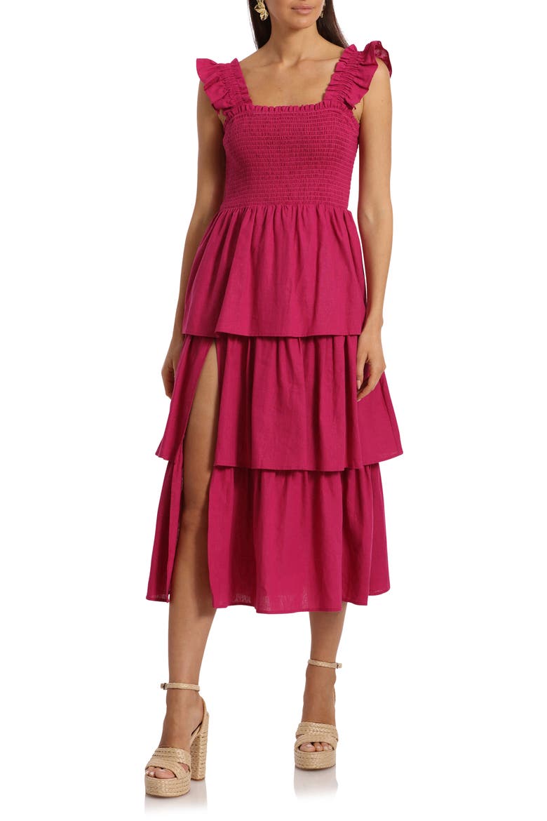 Smocked Tiered Linen Blend Sundress, Main, color, MAGENTA