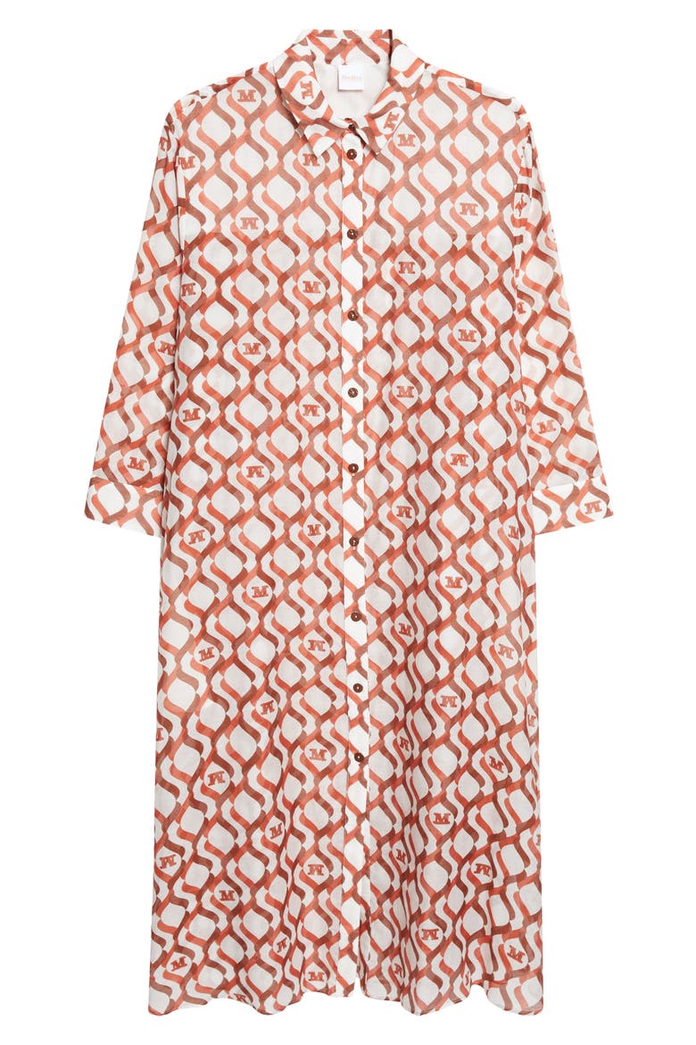 Beachwear Monogram Print Long Sleeve Cotton & Silk Voile Shirtdress, Alternate, color, WHITE