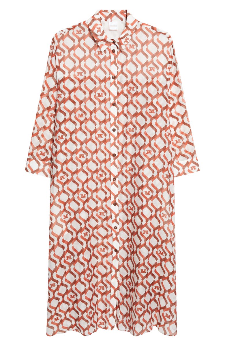 Max Mara Monogram Print Long Sleeve Cotton & Silk Voile Shirtdress, Main, color, White