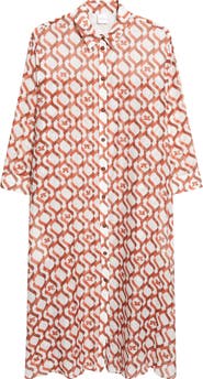 Max Mara Monogram Print Long Sleeve Cotton & Silk Voile Shirtdress