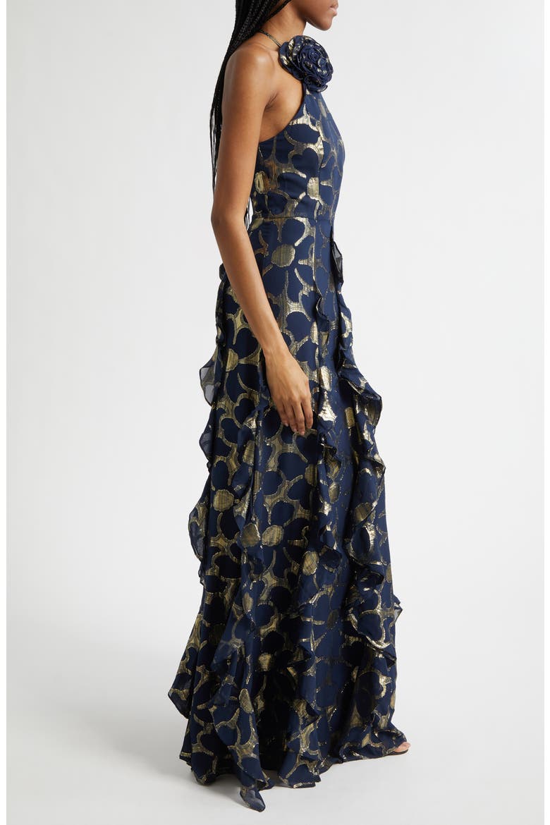 Idella Daisy Metallic Ruffle Halter Gown, Alternate, color, NAVY JACQUARD