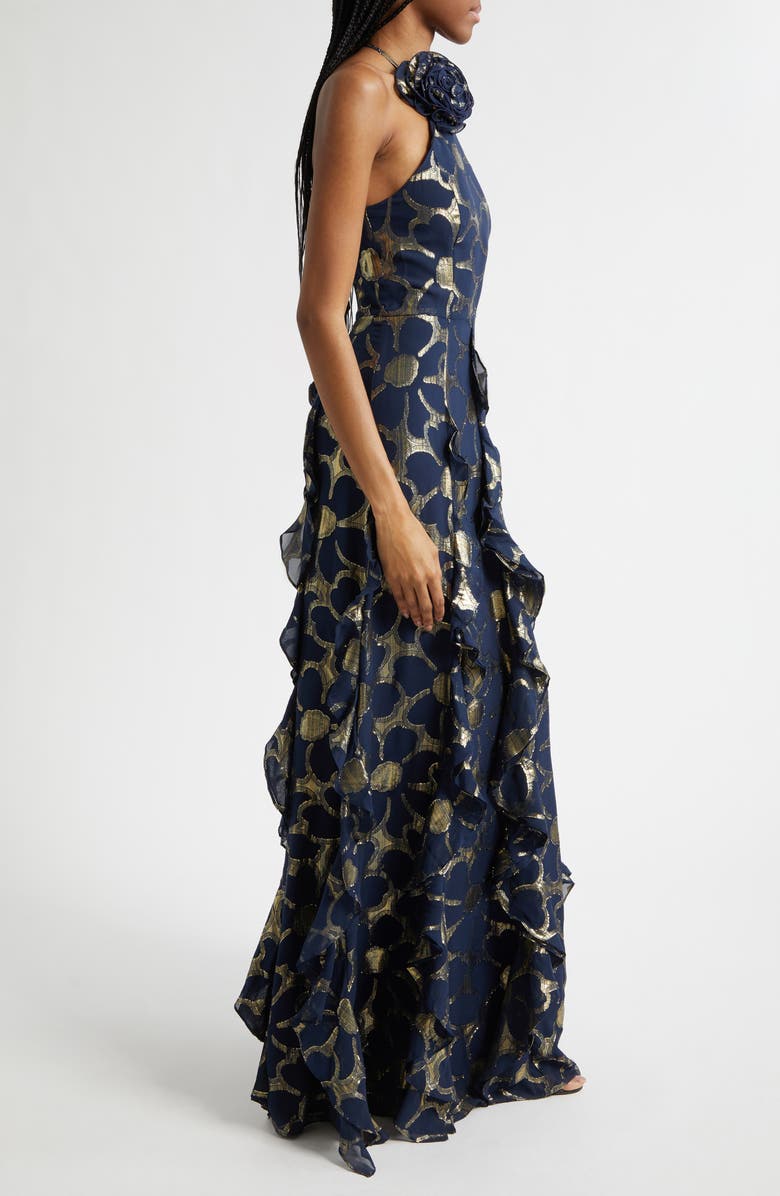 Ramy Brook Idella Daisy Metallic Ruffle Halter Gown, Alternate, color, Navy Jacquard