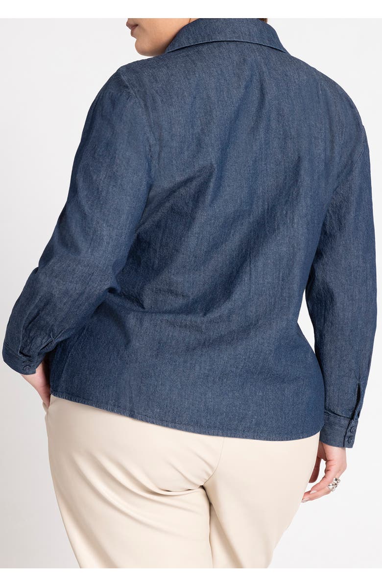 ELOQUII Tie Front Collared Blouse, Alternate, color, Medium Wash