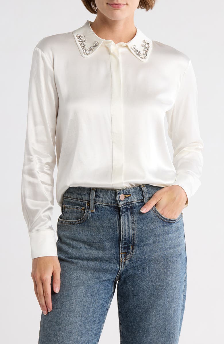 INDUSTRY REPUBLIC CLOTHING Crystal Embellished Satin Button-Up Shirt, Main, color, Ivory