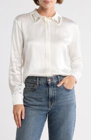 INDUSTRY REPUBLIC CLOTHING Crystal Embellished Satin Button-Up Shirt