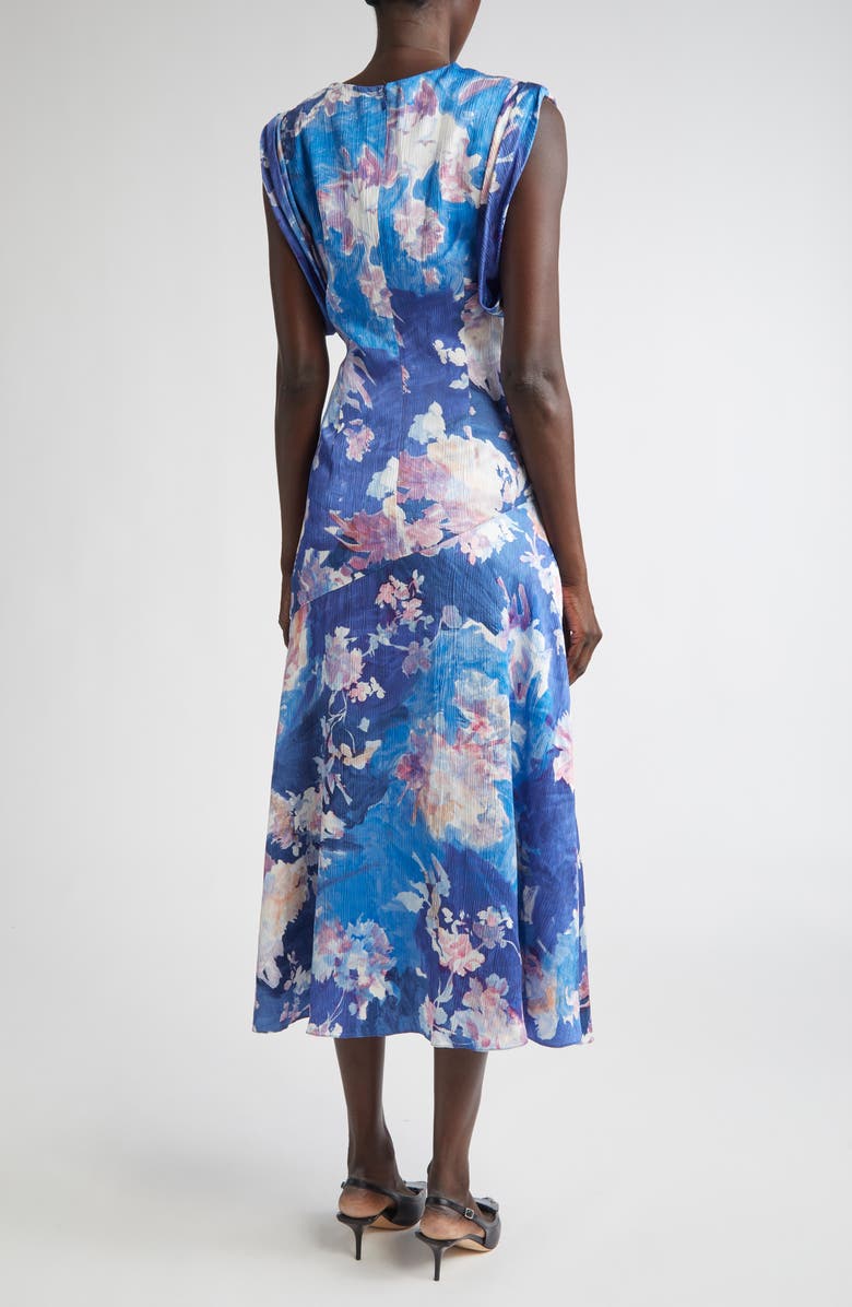 Erdem Floral Print Sleeveless Crinkled Satin Midi Dress, Alternate, color, Artist Garden Pale Cobalt