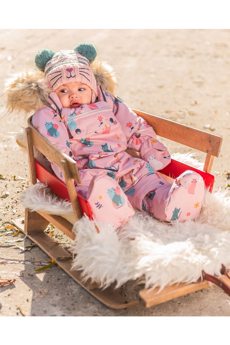 Baby Girl's One Piece Baby Snowsuit Light Pink Printed Cats Designed For Car Seat, Alternate, color, Printed Cats