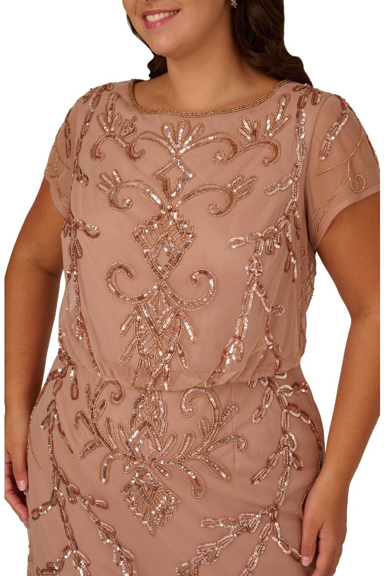 Beaded Mesh Blouson Gown, Alternate, color, ROSE GOLD