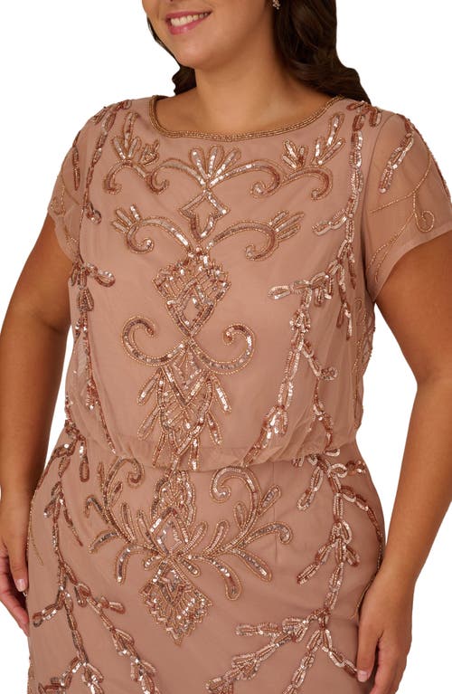 Adrianna Papell Beaded Mesh Blouson Gown In Brown