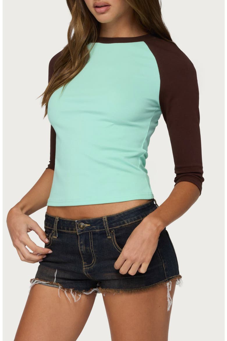 Irva Raglan Three-Quarter-Sleeve Top, Alternate, color, AQUA-AND-BROWN