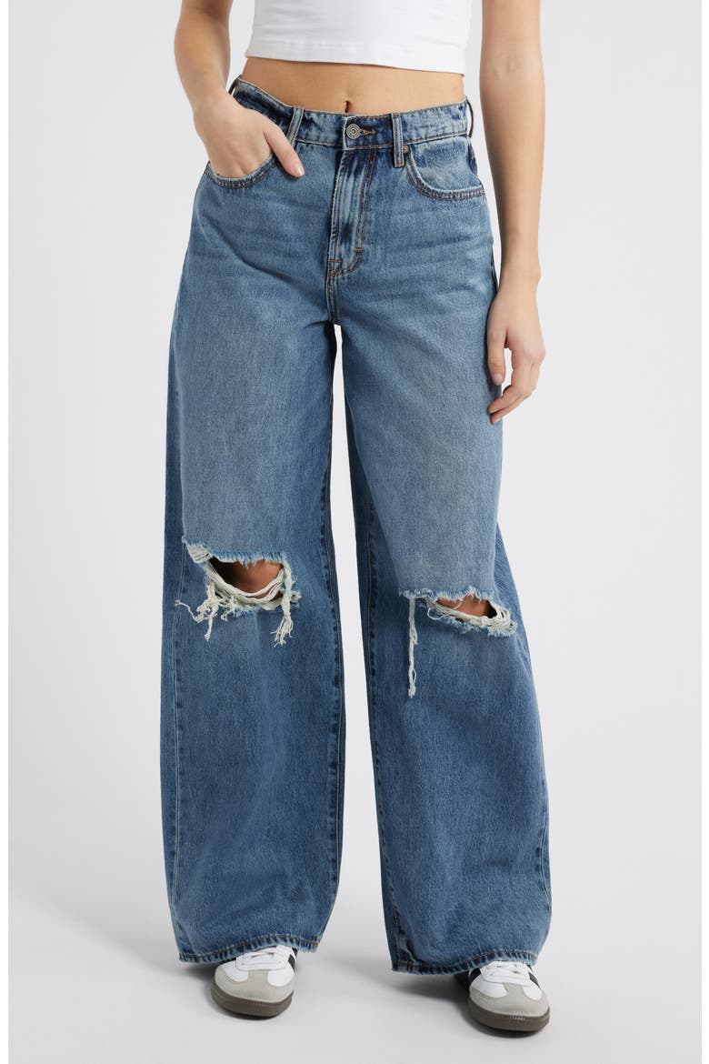 Classic High Waist Distressed Wide Leg Jeans, Main, color, MED WASH