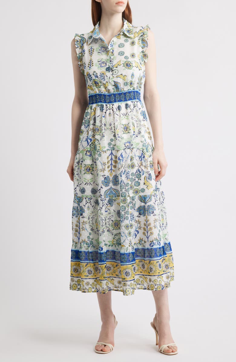 Anne Klein Patio Floral Print Clip Dot Midi Shirtdress, Main, color, 