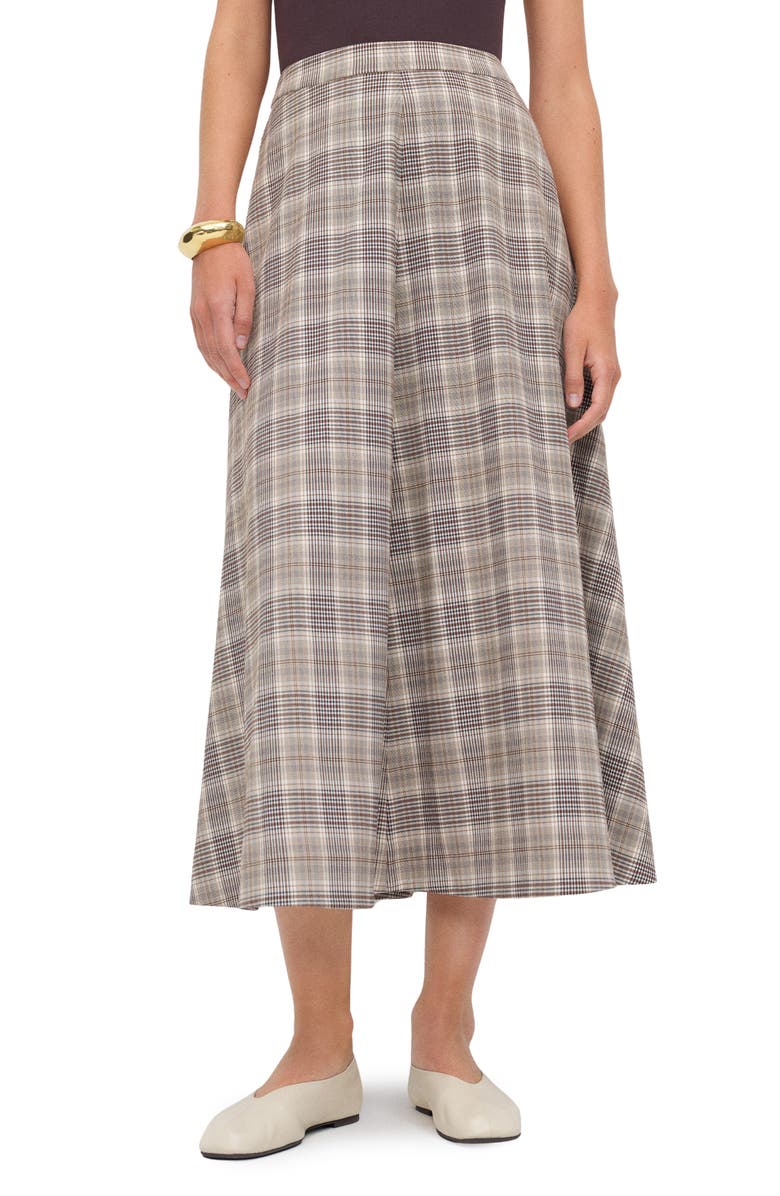 Reformation Peony Plaid Flare Skirt, Main, color, Brown Check