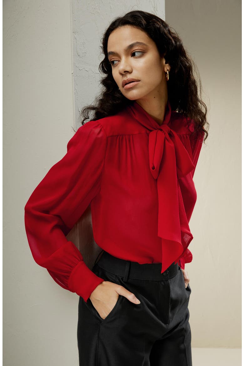 Women's Bow Tie Silk Jasmine Blouse, Alternate, color, Pomegranate Red