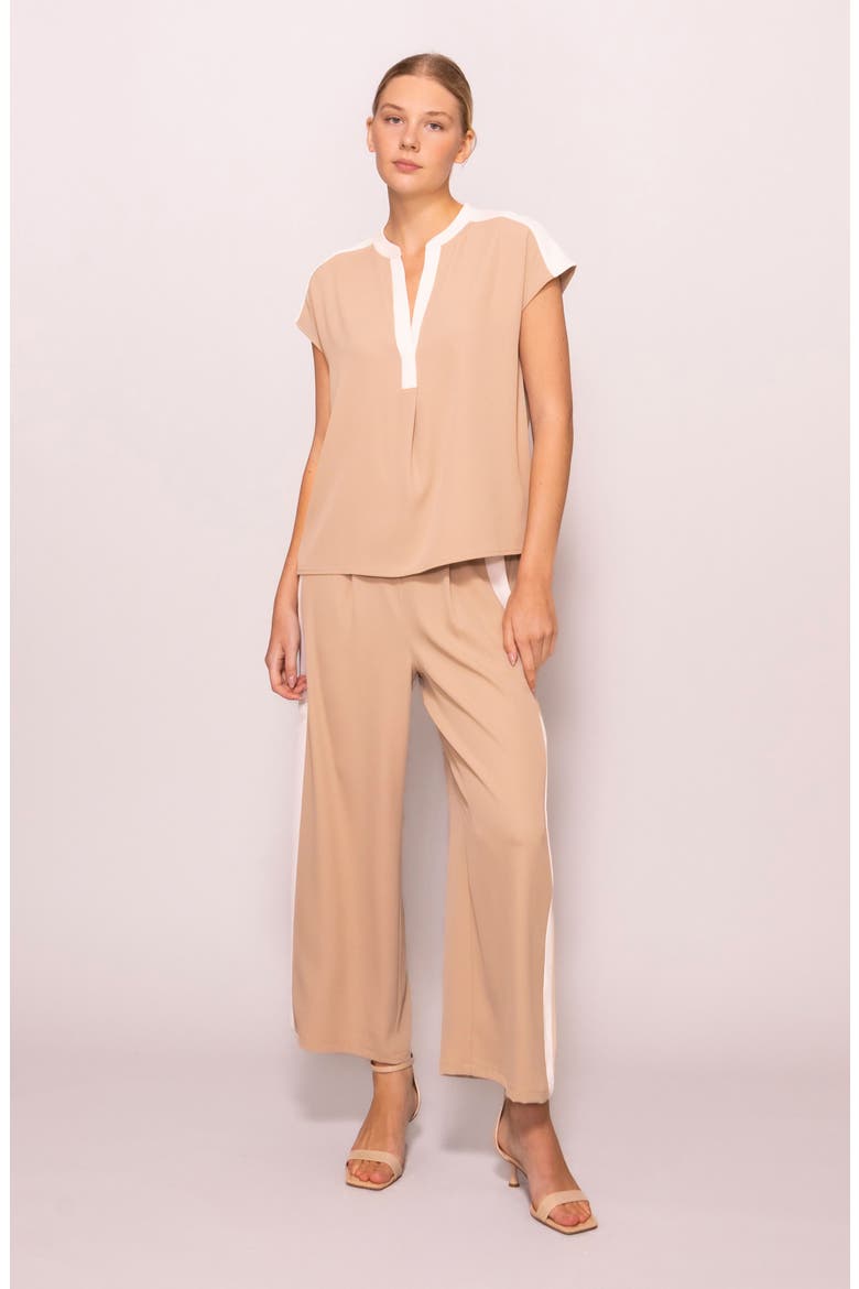 Split Neck Cap Sleeve Contrast Trim Top, Alternate, color, LIGHT KHAKI/ BONE