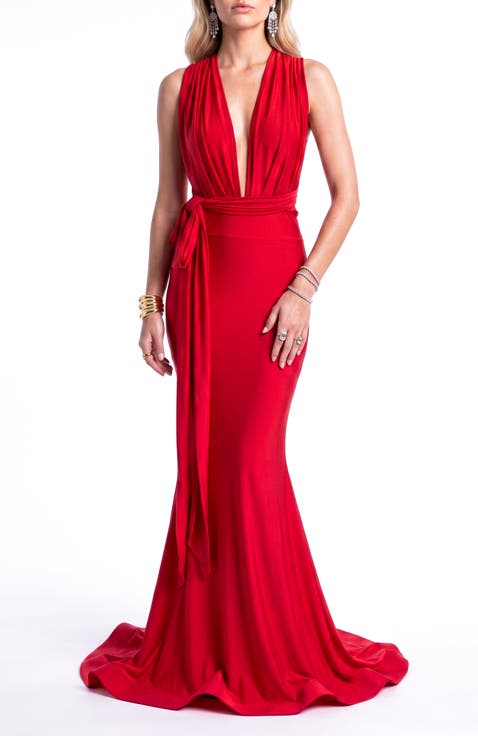 Plunging V-Neck Tie-Waist Mermaid Evening Gown