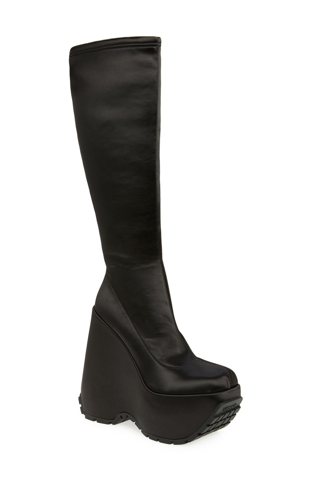 Versace Triplatform Knee High Platform Wedge Boot, Main, color, 