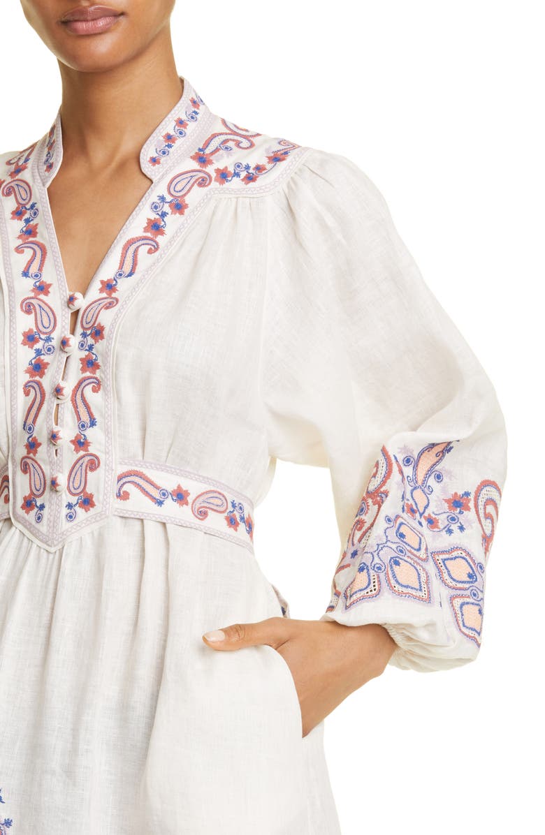 Zimmermann Devi Embroidered Long Sleeve Wrap Linen Midi Dress, Alternate, color,