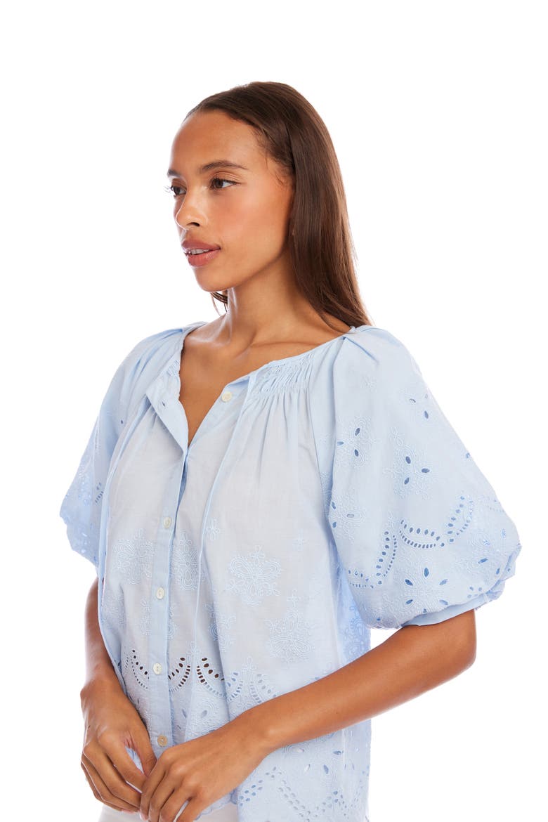 Eyelet Embroidered Cotton Button-Up Top, Alternate, color, BLUE