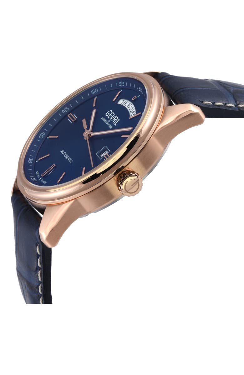 GEVRIL Excelsior Croc Embossed Leather Strap Watch, 42mm, Alternate, color, Blue