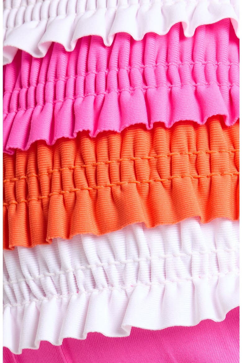 Flamingo Smocked Ruffle Triangle Bikini Top, Alternate, color, STRAWBERRY