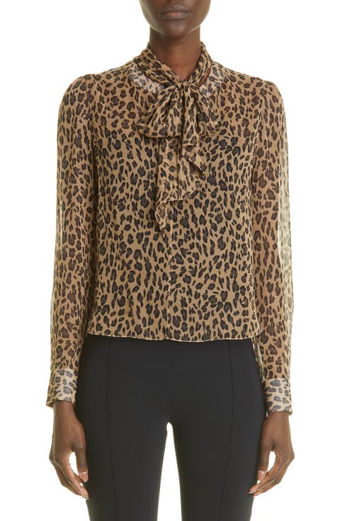 Animal Print Tie Neck Silk Chiffon Blouse